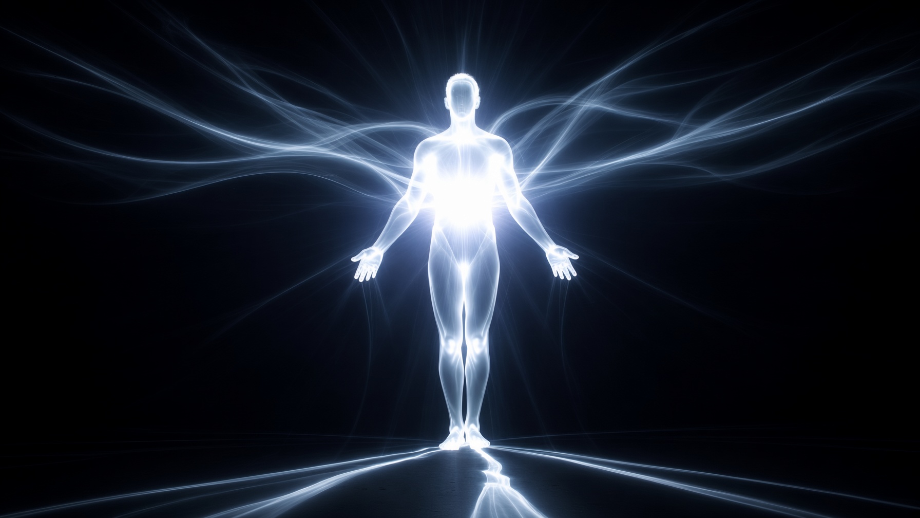 A human figure made of white light, standing on a dark plane with streams of light running out from its chest.
